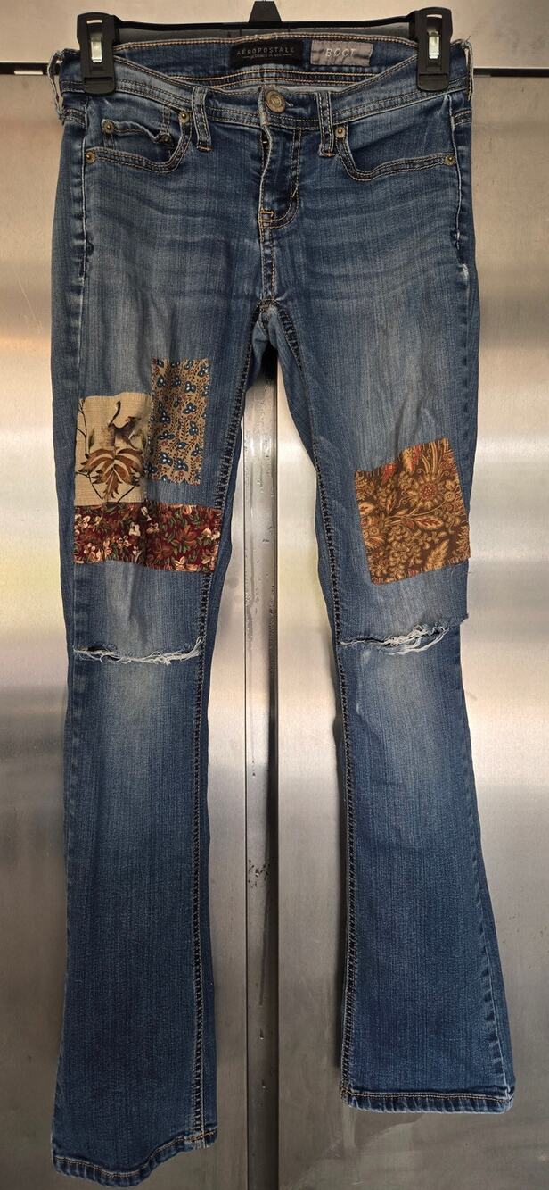 Aeropostale Womens Bootcut Jeans 2 Patchwork Distressed Boho Hippie Blue Denim